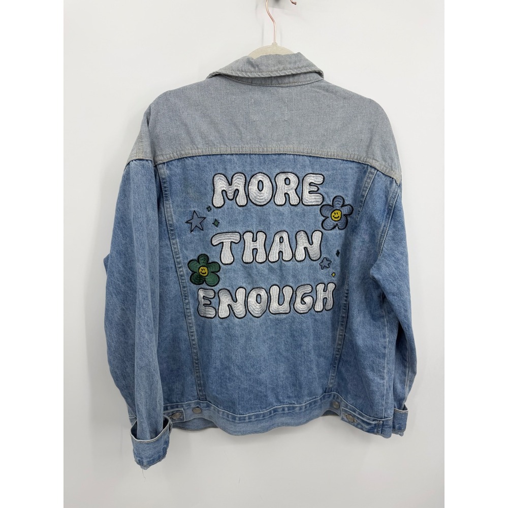 Elevated Faith More Than Enough Denim Jacket Womens L Blue Two Tone Embroidered